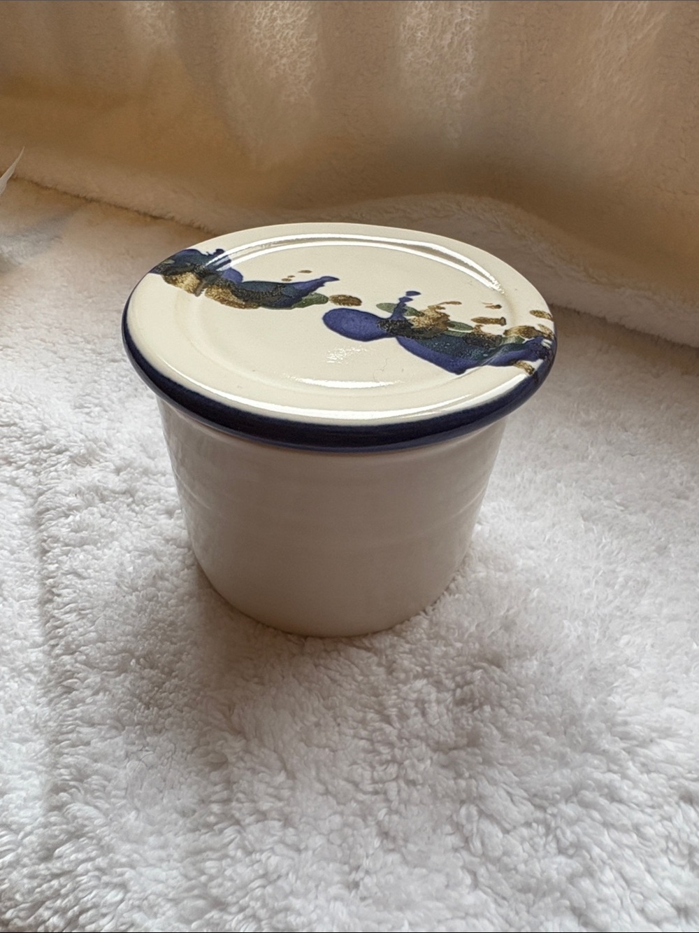 Handcrafted Ceramic French Butter Dish/Jar in Cream and Blue